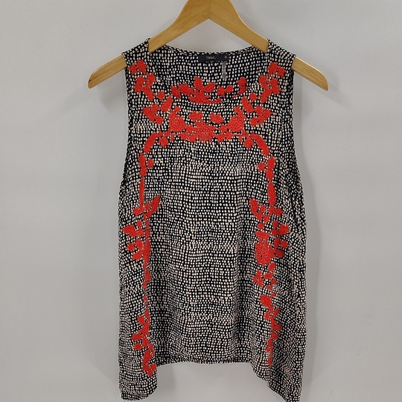 THML Sleeveless Blouse Black Cream w Orange Embroidered Flowers Size Medium - Picture 1 of 9